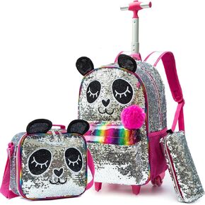 Meetbelify Cute Panda Girls Rolling Backpack Wheels Backpacks for Kids Luggage Wheeled Sequin Sparkly Trolley Trip Suitcase for Elementary Students Carry on Backpack with Lunch Box for Girls in Kuwait