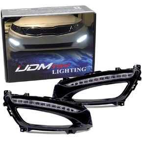 iJDMTOY Xenon White LED Daytime Running Lights Compatible With 11-13 Kia Optima w/Glossy Black Bezel Covers, Direct Replacement DRL Bezel Assembly Powered by 12 Pieces High Power LED Bulbs Each Lamp