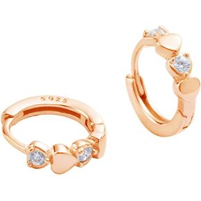 Double Love Heart Cubic Zirconia Small Hoop Earrings for Women Girls 925 Sterling Silver Cartilage Tiny Cute Huggie Hoops Hypoallergenic Nickel Free Holiday Jewelry Gifts for Her Rose Gold Tone