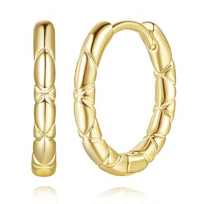 Al&Tiffy 14K Gold Hoop Earrings Huggie Hoops Earring Gold Small Hoop Earrings for Women Crosshatch Engraving Hoops Jewelry 15mm*2mm