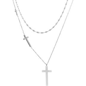 8K 18 Karat White Gold Plated Triple Trinity Christian Cross Layered Double Chain Necklace - Stunning Gold Cross Necklace for Women with Cross Chain and Pendant - Perfect 1st Communion Gift