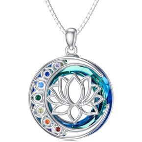PELOVNY Chakra Crystal Necklace for Women 925 Sterling Silver Triple Moon Goddess Hamsa Hand Lotus Tree of Life Flower of Life Pendant Necklace 7 Chakra Spiritual Jewelry Gifts for Mom Wife