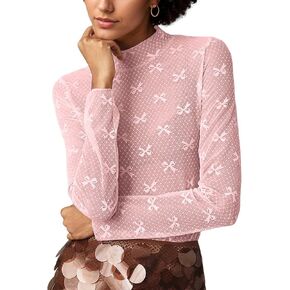 MISSACTIVER Sexy Lace Mesh Long Sleeve Sheer Top for Women See Though Mock Neck Bow Tee Shirt Blouse