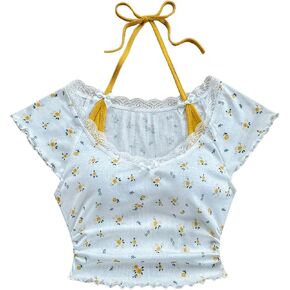 Verdusa Women's Contrast Lace Halter Neck Lettuce Trim Casual Crop Tee Tops
