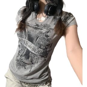 Womens E-Girls Short Sleeve Crop Top Fairy Grunge Graphic Print T-Shirts Gothic Basic Tee Y2K Aesthetic Tops Streetwear
