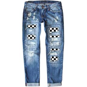 Astylish Women Football Ripped Patchwork High Rise Washed Jeans Boyfriend Distressed Denim Pants Blue Medium