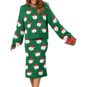 Women's Cute Ugly 2 Piece Christmas Sweaters Slit Skirt Set Fluffy Santa Xmas Holiday Lantern Sleeves Top Dress Set
