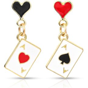 Heart Poker Card Earrings, Asymmetric Queen of Red Hearts Dangle Drop Earrings Long Clock Poker Chip Earrings Ace Playing Cards Dangle Jewelry for Women Carnival Theme Accessories