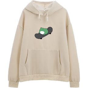 KEEVICI Women's Cute Sweatshirts Skateboarding Frog Long Sleeve Cotton Hoodie Pullover