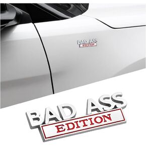 Bad Ass Edition Emblem for Car, Auto Fender Bumper Hood Trunk Door 3D Badge Sticker Decal, Automotive Exterior Decoration Replacement Accessories, Compatible with Motorcycle SUV (Silver/Red)