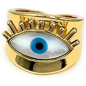 LESLIE BOULES 18K Gold Plated Evil Eye Ring Adjustable Size Jewelry for Women