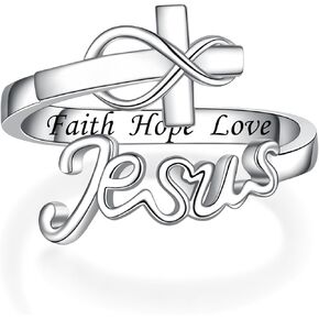 Infinity Cross Ring - 925 Sterling Silver Engraved Faith Hope Love Adjustable Cross Ring for Women Teens