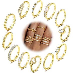 14K Gold Filled Stackable Rings for Women Opal Cross CZ Wedding Bands Rings Dainty Plain Gold Knuckle Rings Set Comfort Fit Size 6-10
