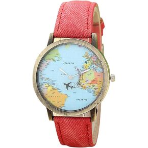 Unisex Retro Bronze Case Global Travel by Plane World Map PU Leather Band Quartz Watch