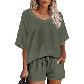 Ekouaer Womens 2 Piece Short Sleeve Waffle Knit V Neck Off Shoulder Casual Loose Fit Sweatsuit Outfits