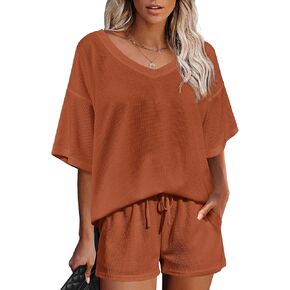 Ekouaer Womens 2 Piece Short Sleeve Waffle Knit V Neck Off Shoulder Casual Loose Fit Sweatsuit Outfits in Saudi Arabia