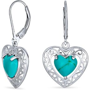 Boho Bali Style Scroll Filigree Pink Rhodochrosite Blue Turquoise Gemstone Heart Shaped Dangling Earrings For Women Oxidized .925 Sterling Silver