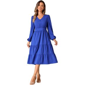 Allegra K V Neck Dress for Women's Lantern Sleeve Ruffle Flowy A-Line Elegant Casual Midi Dresses