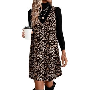 SOLY HUX Women's Leopard Print Sleeveless Dress Pinafore Overall Short Dress V Neck Tank Dresses