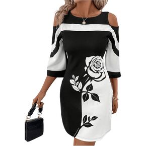Verdusa Women's Floral Print Cold Shoulder Dress Color Block Half Sleeve Short Dress