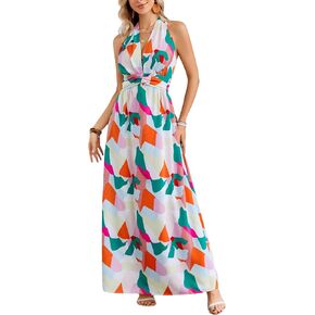 Kormei Women's Boho Floral Strap V Neck Halter Sleeveless A line Plain Smocked Summer Beach Party Maxi Long Dress