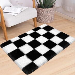 Small Checkered Rug for Bedroom 2x3 Ft Fluffy Soft Black and White Rug Furry Shaggy Bedside Throw Rug Indoor Modern Fuzzy Plush Small Carpet for Living Room Nursery Kids Girls Boys Home Decor