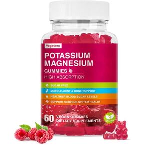 Potassium Magnesium Gummies - Magnesium Glycinate Gummies & Potassium Citrate Plus Omega 3, B6, D3, K2 & Calcium for Zzz, Leg Cramps & Muscle - 60 Raspberry Gummies