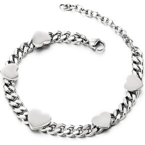 COOLSTEELANDBEYOND Women Stainless Steel Link Charm Bracelet with Five Mirror Polished Hearts, Fashion, Adjustable