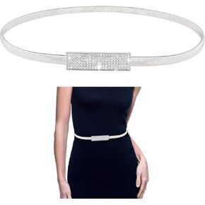 Women Skinny Metal Waist Belt Elastic Metal Chain Waist Belt Fashion Rhinestone Dress Belts for Dress, Sliver