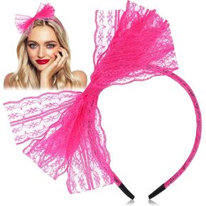 PAFUWEI Neon Rose Headband, Elastic Nylon 1980s Costume Headwear, Large Lace Bow Hair Accessory for Women and Girls, Good for Carnival, Christmas Party, Daily Decoration, Halloween