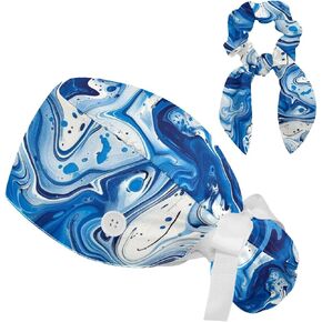 Blue White Quicksand Pattern Skull Cap, Adjustable Tie Back Hat Scrub Cap, One Size Working Head Cover for Women Long Hair