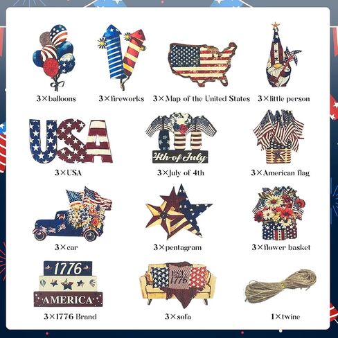 36 Pcs 4th of July Ornaments for Tree Patriotic Decor Memorial Day Decorations Vintage Wooden Hanging Ornaments American Flag Patriotic Ornaments Independence Day Party Supplies in Saudi Arabia