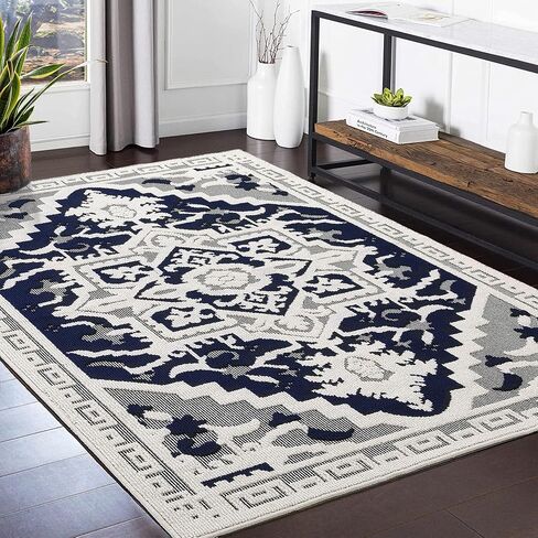 COZYLOOM 8x10 Area Rug Boho Textured Area Rug Vintage Medallion Floral Rug Indoor Non-Shedding Rugs for Living Room Non-Slip Backing Bedroom Rug Low Pile Accent Home Office Floor Decor Navy in Kuwait