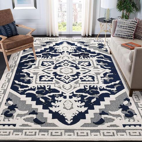 COZYLOOM 8x10 Area Rug Boho Textured Area Rug Vintage Medallion Floral Rug Indoor Non-Shedding Rugs for Living Room Non-Slip Backing Bedroom Rug Low Pile Accent Home Office Floor Decor Navy in Kuwait
