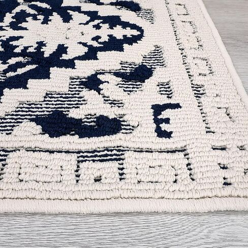 COZYLOOM 8x10 Area Rug Boho Textured Area Rug Vintage Medallion Floral Rug Indoor Non-Shedding Rugs for Living Room Non-Slip Backing Bedroom Rug Low Pile Accent Home Office Floor Decor Navy in Kuwait