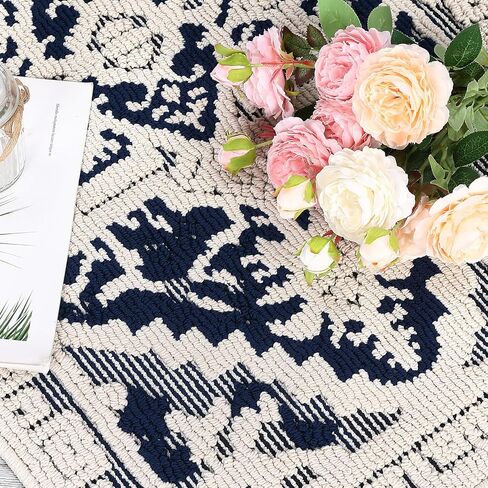 COZYLOOM 8x10 Area Rug Boho Textured Area Rug Vintage Medallion Floral Rug Indoor Non-Shedding Rugs for Living Room Non-Slip Backing Bedroom Rug Low Pile Accent Home Office Floor Decor Navy in Kuwait