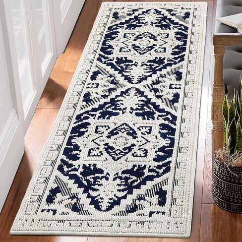 COZYLOOM 8x10 Area Rug Boho Textured Area Rug Vintage Medallion Floral Rug Indoor Non-Shedding Rugs for Living Room Non-Slip Backing Bedroom Rug Low Pile Accent Home Office Floor Decor Navy in Kuwait