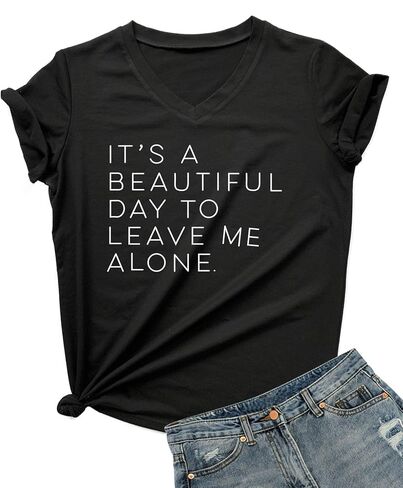 DANVOUY Women's V-Neck Cute Tees Funny Letter Printed T Shirt Graphic Tops in Kuwait