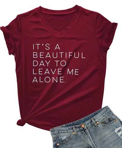 DANVOUY Women's V-Neck Cute Tees Funny Letter Printed T Shirt Graphic Tops in Kuwait