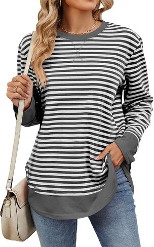 Blostirno Womens Crewneck Striped Sweatshirt Long Sleeve Shirts Hoodies Fall Casual Loose Blouse Tunic Tops in Saudi Arabia