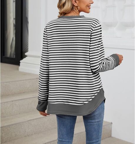 Blostirno Womens Crewneck Striped Sweatshirt Long Sleeve Shirts Hoodies Fall Casual Loose Blouse Tunic Tops in Saudi Arabia