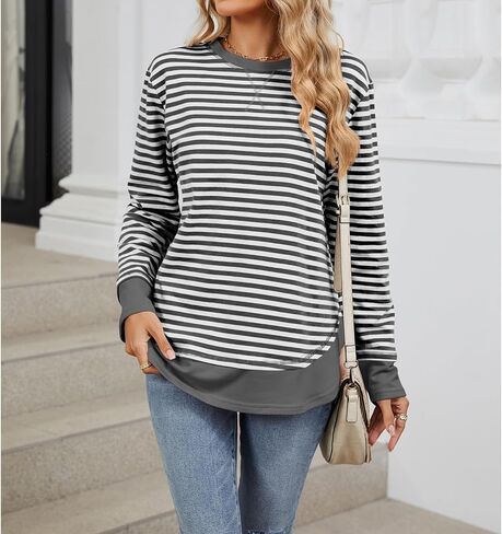Blostirno Womens Crewneck Striped Sweatshirt Long Sleeve Shirts Hoodies Fall Casual Loose Blouse Tunic Tops in Saudi Arabia