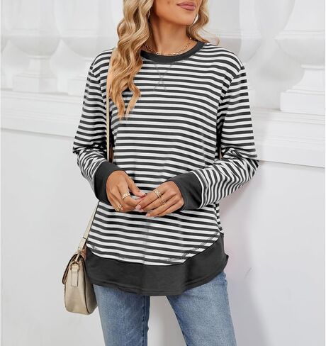 Blostirno Womens Crewneck Striped Sweatshirt Long Sleeve Shirts Hoodies Fall Casual Loose Blouse Tunic Tops in Saudi Arabia