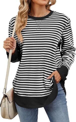 Blostirno Womens Crewneck Striped Sweatshirt Long Sleeve Shirts Hoodies Fall Casual Loose Blouse Tunic Tops in Saudi Arabia