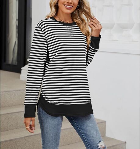 Blostirno Womens Crewneck Striped Sweatshirt Long Sleeve Shirts Hoodies Fall Casual Loose Blouse Tunic Tops in Saudi Arabia