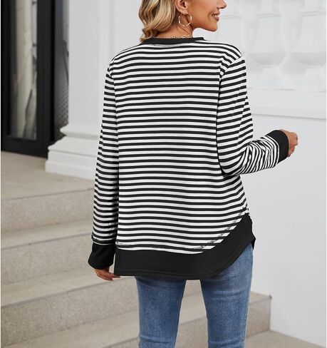 Blostirno Womens Crewneck Striped Sweatshirt Long Sleeve Shirts Hoodies Fall Casual Loose Blouse Tunic Tops in Saudi Arabia