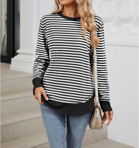 Blostirno Womens Crewneck Striped Sweatshirt Long Sleeve Shirts Hoodies Fall Casual Loose Blouse Tunic Tops in Saudi Arabia
