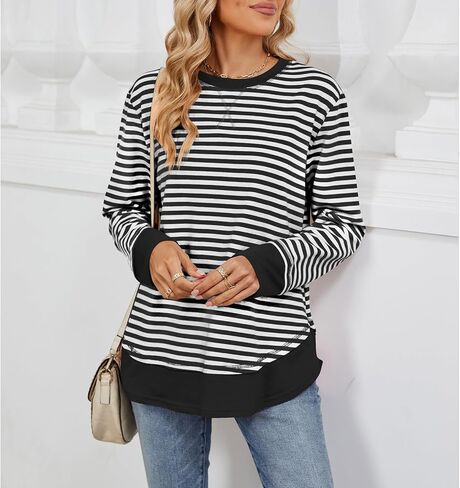 Blostirno Womens Crewneck Striped Sweatshirt Long Sleeve Shirts Hoodies Fall Casual Loose Blouse Tunic Tops in Saudi Arabia