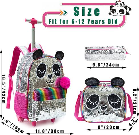 Meetbelify Cute Panda Girls Rolling Backpack Wheels Backpacks for Kids Luggage Wheeled Sequin Sparkly Trolley Trip Suitcase for Elementary Students Carry on Backpack with Lunch Box for Girls in Kuwait