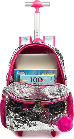 Meetbelify Cute Panda Girls Rolling Backpack Wheels Backpacks for Kids Luggage Wheeled Sequin Sparkly Trolley Trip Suitcase for Elementary Students Carry on Backpack with Lunch Box for Girls in Kuwait